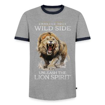 lion, tête de lion, fort, sauvage, fierté, courageux, royal, - T-shirt contrasté Homme - gris/marine  - Devant - AI Model Female 172 light (172cm) & AI Model Male 178 light (178cm)