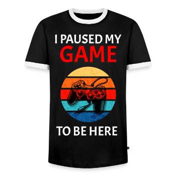 I paused my Game to be here Dark - Männer Kontrast-T-Shirt - Schwarz/Weiß - Vorne - AI Model Female 172 light (172cm) & AI Model Male 178 light (178cm)