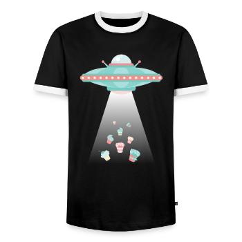 UFO's are Stealing our Cakes. - Men's Ringer Shirt - black/white - Front - AI Model Female 172 light (172cm) & AI Model Male 178 light (178cm)