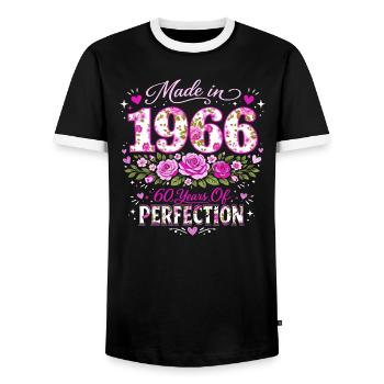 Woman's 60th Birthday Gift - 1966 Birthday Floral - Men's Ringer Shirt - black/white - Front - AI Model Female 172 light (172cm) & AI Model Male 178 light (178cm)