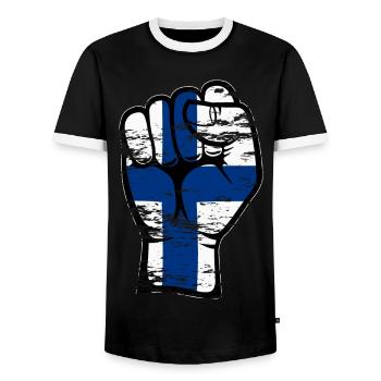 Finland flag fist hand icon used - Men's Ringer Shirt - black/white - Front - AI Model Female 172 light (172cm) & AI Model Male 178 light (178cm)