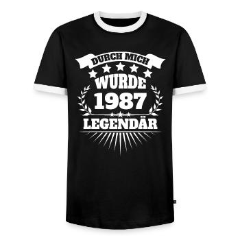 1987 - Männer Kontrast-T-Shirt - Schwarz/Weiß - Vorne - AI Model Female 172 light (172cm) & AI Model Male 178 light (178cm)