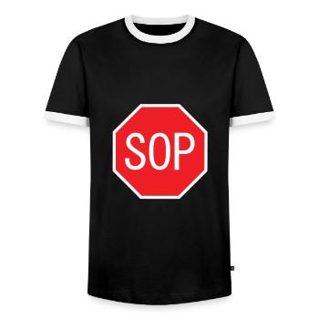 SOP Schild - Männer Kontrast-T-Shirt - Schwarz/Weiß - Vorne - AI Model Female 172 light (172cm) & AI Model Male 178 light (178cm)