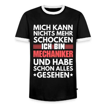 Unshockable mechanic - Men's Ringer Shirt - black/white - Front - AI Model Female 172 light (172cm) & AI Model Male 178 light (178cm)