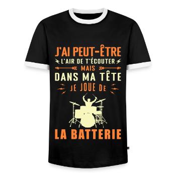 In my head I'm playing drums - Men's Ringer Shirt - black/white - Front - AI Model Female 172 light (172cm) & AI Model Male 178 light (178cm)