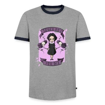 Touch me and you die - Männer Kontrast-T-Shirt - Grau/Navy  - Vorne - AI Model Female 172 light (172cm) & AI Model Male 178 light (178cm)