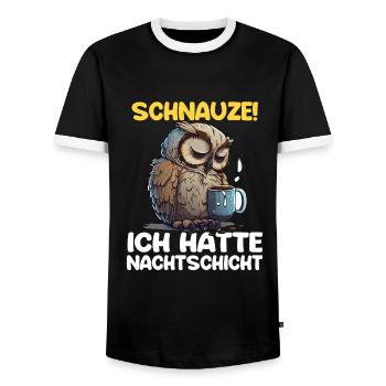 Schnauze! Ich hatte Nachtschicht Kaffee Eule - Männer Kontrast-T-Shirt - Schwarz/Weiß - Vorne - AI Model Female 172 light (172cm) & AI Model Male 178 light (178cm)