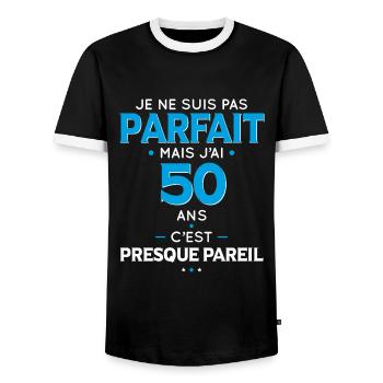 Anniversaire 50 ans - Pas parfait mais j'ai 50 ans - T-shirt contrasté Homme - noir/blanc - Devant - AI Model Female 172 light (172cm) & AI Model Male 178 light (178cm)