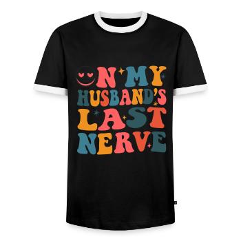 À la dernière minute, drôle de femme de mon - T-shirt contrasté Homme - noir/blanc - Devant - AI Model Female 172 light (172cm) & AI Model Male 178 light (178cm)