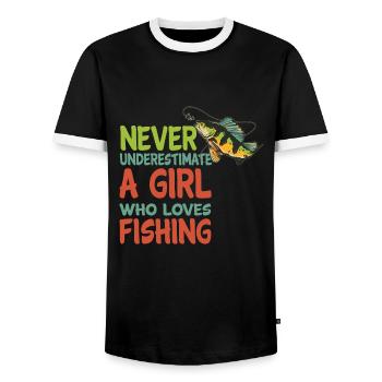Unterschätze nie ein Mädchen, dass Fischen liebt - Männer Kontrast-T-Shirt - Schwarz/Weiß - Vorne - AI Model Female 172 light (172cm) & AI Model Male 178 light (178cm)