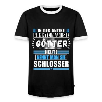 Les dieux dans l’Antiquité. Aujourd’hui Serruriers - T-shirt contrasté Homme - noir/blanc - Devant - AI Model Female 172 light (172cm) & AI Model Male 178 light (178cm)