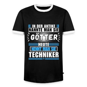 Gods in Antiquity. Today Technician - Men's Ringer Shirt - black/white - Front - AI Model Female 172 light (172cm) & AI Model Male 178 light (178cm)