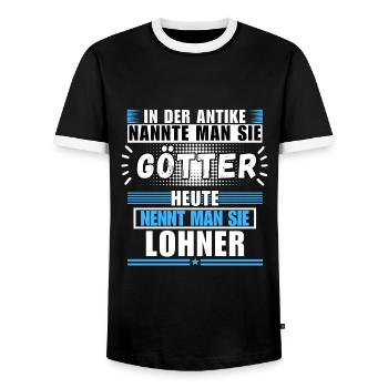 Gods in Antiquity. Today Lohner - Men's Ringer Shirt - black/white - Front - AI Model Female 172 light (172cm) & AI Model Male 178 light (178cm)