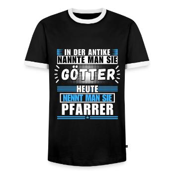 Gods in Antiquity. Today's pastor - Men's Ringer Shirt - black/white - Front - AI Model Female 172 light (172cm) & AI Model Male 178 light (178cm)