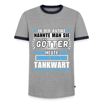 Götter in der Antike. Heute Tankwart - Männer Kontrast-T-Shirt - Grau/Navy  - Vorne - AI Model Female 172 light (172cm) & AI Model Male 178 light (178cm)