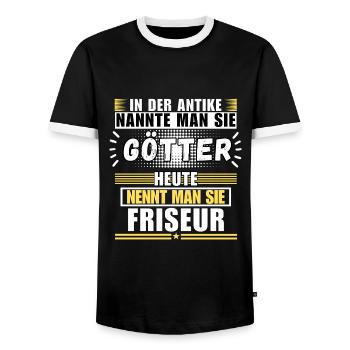 Les dieux dans l’Antiquité. Aujourd’hui coiffeur - T-shirt contrasté Homme - noir/blanc - Devant - AI Model Female 172 light (172cm) & AI Model Male 178 light (178cm)