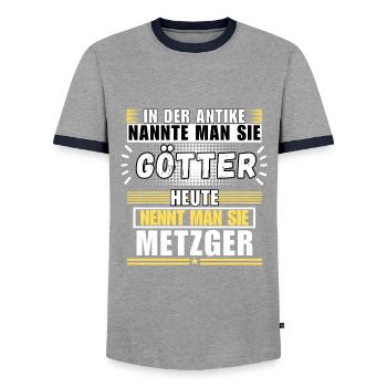 Dieux dans l'Antiquité. Aujourd'hui un boucher - T-shirt contrasté Homme - gris/marine  - Devant - AI Model Female 172 light (172cm) & AI Model Male 178 light (178cm)