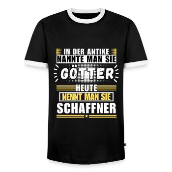 Dieux dans l'Antiquité. Chef d'orchestre aujourd'hui - T-shirt contrasté Homme - noir/blanc - Devant - AI Model Female 172 light (172cm) & AI Model Male 178 light (178cm)