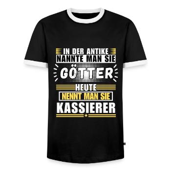 Les dieux dans l’Antiquité. Aujourd’hui caissière - T-shirt contrasté Homme - noir/blanc - Devant - AI Model Female 172 light (172cm) & AI Model Male 178 light (178cm)