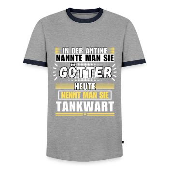 Götter in der Antike. Heute Tankwart - Männer Kontrast-T-Shirt - Grau/Navy  - Vorne - AI Model Female 172 light (172cm) & AI Model Male 178 light (178cm)
