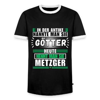 Dieux dans l'Antiquité. Aujourd'hui un boucher - T-shirt contrasté Homme - noir/blanc - Devant - AI Model Female 172 light (172cm) & AI Model Male 178 light (178cm)