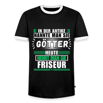 Dieux dans l'Antiquité. Coiffeur aujourd'hui - T-shirt contrasté Homme - noir/blanc - Devant - AI Model Female 172 light (172cm) & AI Model Male 178 light (178cm)