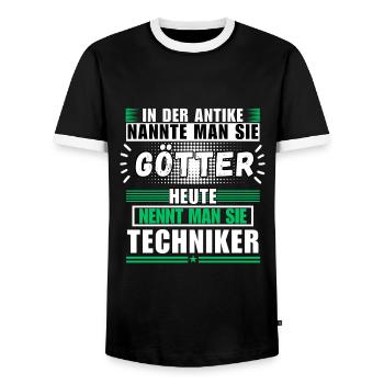 Gods in Antiquity. Today Technician - Men's Ringer Shirt - black/white - Front - AI Model Female 172 light (172cm) & AI Model Male 178 light (178cm)