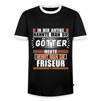 Les dieux dans l’Antiquité. Aujourd’hui coiffeur - T-shirt contrasté Homme - noir/blanc - Devant - AI Model Female 172 light (172cm) & AI Model Male 178 light (178cm)
