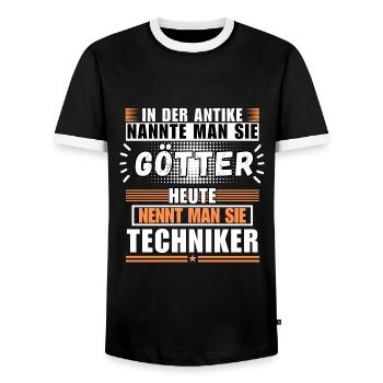 Gods in Antiquity. Today Technician - Men's Ringer Shirt - black/white - Front - AI Model Female 172 light (172cm) & AI Model Male 178 light (178cm)
