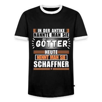 Götter in der Antike. Heute Schaffner - Männer Kontrast-T-Shirt - Schwarz/Weiß - Vorne - AI Model Female 172 light (172cm) & AI Model Male 178 light (178cm)