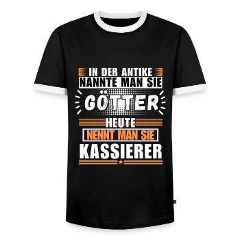 Götter in der Antike. Heute Kassierer - Männer Kontrast-T-Shirt - Schwarz/Weiß - Vorne - AI Model Female 172 light (172cm) & AI Model Male 178 light (178cm)