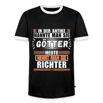 Gods in Antiquity. Today Judge - Men's Ringer Shirt - black/white - Front - AI Model Female 172 light (172cm) & AI Model Male 178 light (178cm)