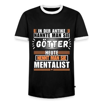 Gods in Antiquity. Today Mentalist - Men's Ringer Shirt - black/white - Front - AI Model Female 172 light (172cm) & AI Model Male 178 light (178cm)