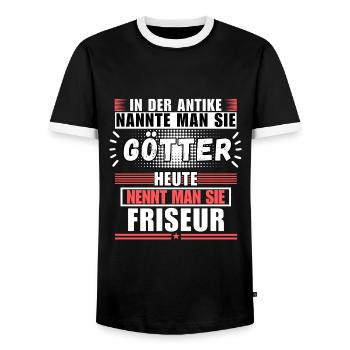 Les dieux dans l’Antiquité. Aujourd’hui coiffeur - T-shirt contrasté Homme - noir/blanc - Devant - AI Model Female 172 light (172cm) & AI Model Male 178 light (178cm)