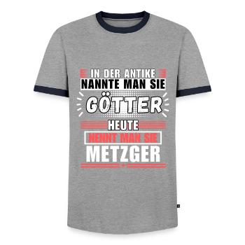 Les dieux dans l’Antiquité. Aujourd’hui boucher - T-shirt contrasté Homme - gris/marine  - Devant - AI Model Female 172 light (172cm) & AI Model Male 178 light (178cm)