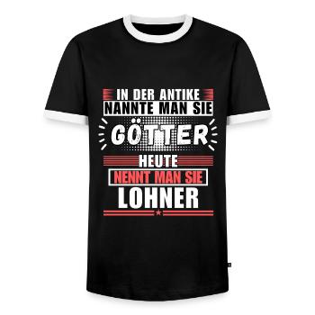 Gods in Antiquity. Today Lohner - Men's Ringer Shirt - black/white - Front - AI Model Female 172 light (172cm) & AI Model Male 178 light (178cm)
