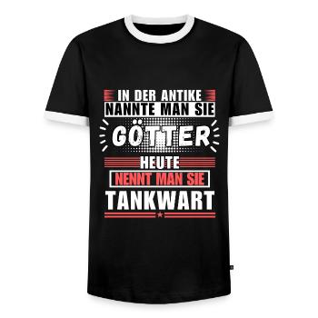 Gods in Antiquity. Today petrol station attendant - Men's Ringer Shirt - black/white - Front - AI Model Female 172 light (172cm) & AI Model Male 178 light (178cm)