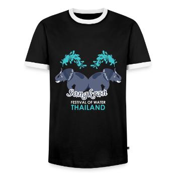 SongKran Festival of Water Thailand - Men's Ringer Shirt - black/white - Front - AI Model Female 172 light (172cm) & AI Model Male 178 light (178cm)