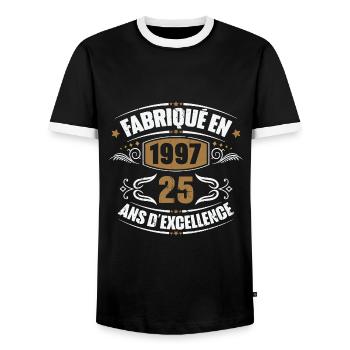 Fabriqué en 1997, 25 ans d'excellence - T-shirt contrasté Homme - noir/blanc - Devant - AI Model Female 172 light (172cm) & AI Model Male 178 light (178cm)