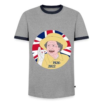 Queen Elizabeth II - 1926-2022 - Men's Ringer Shirt - grey/navy  - Front - AI Model Female 172 light (172cm) & AI Model Male 178 light (178cm)