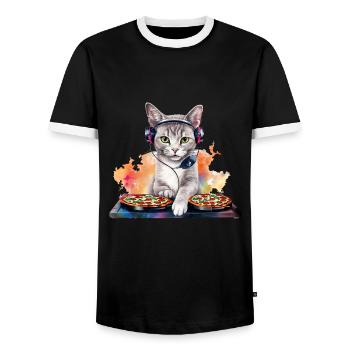 Outer Space Cat Pizza Disc Jockey - Interstellar - Men's Ringer Shirt - black/white - Front - AI Model Female 172 light (172cm) & AI Model Male 178 light (178cm)