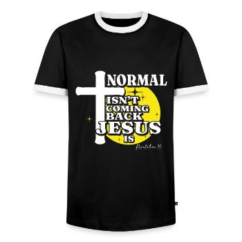 La normalité chrétienne ne revient pas, Jésus le fait - T-shirt contrasté Homme - noir/blanc - Devant - AI Model Female 172 light (172cm) & AI Model Male 178 light (178cm)