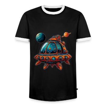 Imaginative Spaceship Flying Saucer - Men's Ringer Shirt - black/white - Front - AI Model Female 172 light (172cm) & AI Model Male 178 light (178cm)