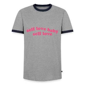 Self Love Baby Quote - Men's Ringer Shirt - grey/navy  - Front - AI Model Female 172 light (172cm) & AI Model Male 178 light (178cm)