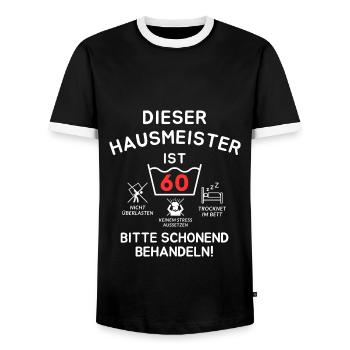 Dieser Hausmeister ist 60. Schonend behandeln - Männer Kontrast-T-Shirt - Schwarz/Weiß - Vorne - AI Model Female 172 light (172cm) & AI Model Male 178 light (178cm)