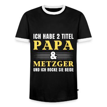 Ich habe 2 Titel Papa und Metzger - Männer Kontrast-T-Shirt - Schwarz/Weiß - Vorne - AI Model Female 172 light (172cm) & AI Model Male 178 light (178cm)