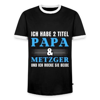 Ich habe 2 Titel Papa und Metzger - Männer Kontrast-T-Shirt - Schwarz/Weiß - Vorne - AI Model Female 172 light (172cm) & AI Model Male 178 light (178cm)