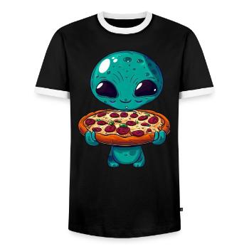 Alien Pizza Genuss: Außerirdischer Fast Food Fan - Männer Kontrast-T-Shirt - Schwarz/Weiß - Vorne - AI Model Female 172 light (172cm) & AI Model Male 178 light (178cm)