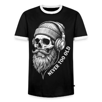 Never Too Old – Music Skull with Beard Headphones - Men's Ringer Shirt - black/white - Front - AI Model Female 172 light (172cm) & AI Model Male 178 light (178cm)