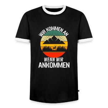 Wir kommen an wenn wir ankommen Lustiges Wandern - Männer Kontrast-T-Shirt - Schwarz/Weiß - Vorne - AI Model Female 172 light (172cm) & AI Model Male 178 light (178cm)